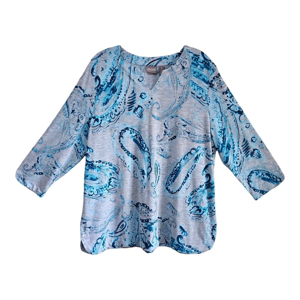 CHICO'S 3 Women's XL Tunic Top V-Neck Tie Blue Gray Ocean Paisley 3/4 Sleeve 44"
